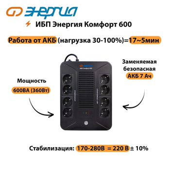ИБП Комфорт 600 Энергия - ИБП и АКБ - ИБП для компьютера - магазин электрооборудования amperomvolt.ru